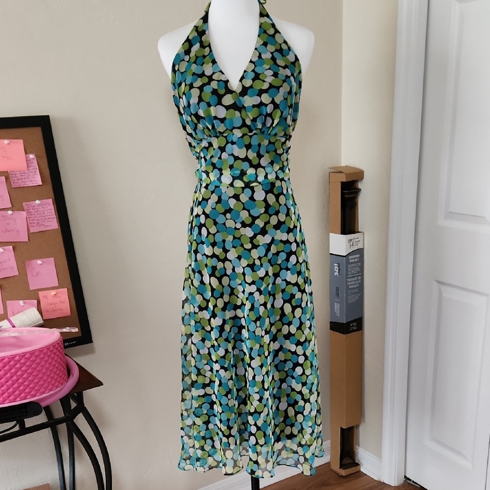 Blue and Green Halter Neck Sleeveless Cocktail Dress